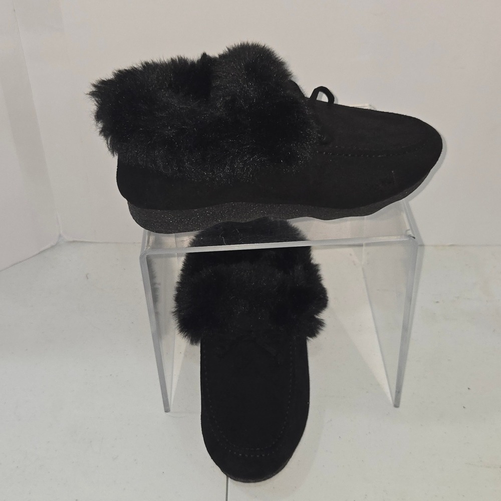 Black Faux Fur Trim Moccasin Platform Booties Suede Ankle Boots Size 9-9.5